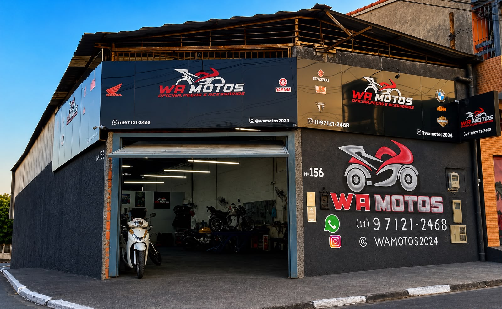 Fachada oficial da WA Motos - Oficina mecânica de motos e comércio de peças na Estrada da Gabiroba, 156, Carapicuíba